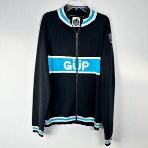 GUP Merino Wool Zip Up Sweater Vintage Blue Cycle Design Mens XL Apres Shred Ski